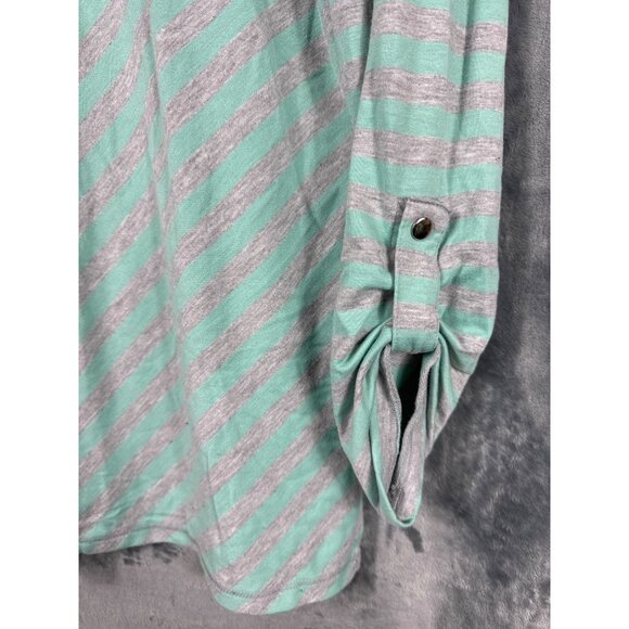 Ruby Rd. Blouse Womens Striped Top With Button Cuffs Mint & Gray Size M Shirt - Picture 3 of 6